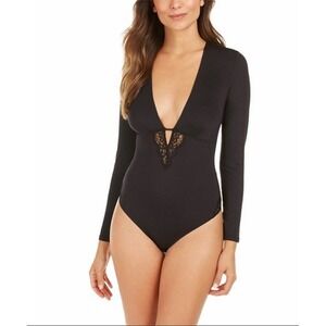 NWOT Inc LG Black Lace Keyhole Long Sleeve Bodysuit 130864